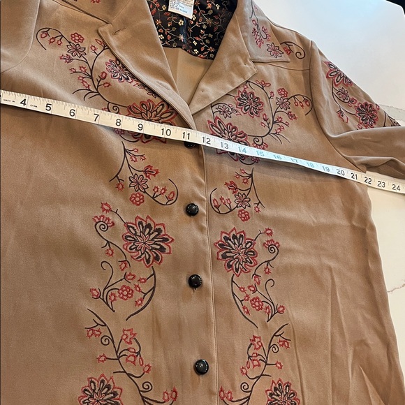 Victor Costa Tan with Brown & Burnt Orange Floral Embroidered 2 piece Pantsuit. - Picture 14 of 16